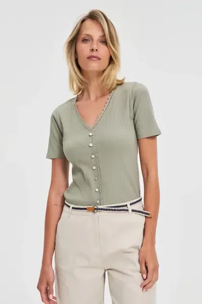Marisse Olive Blouse With Lace Neckline