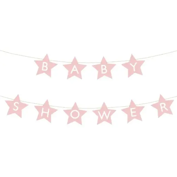 Baby shower banner svetloružový s hviezdičkami – 290×16,5 cm, nápis „Baby Shower“