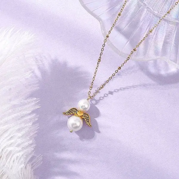 Shell Pearl with Alloy Wings Angel Pendant 304 Stainless Steel Satellite Chain Necklaces