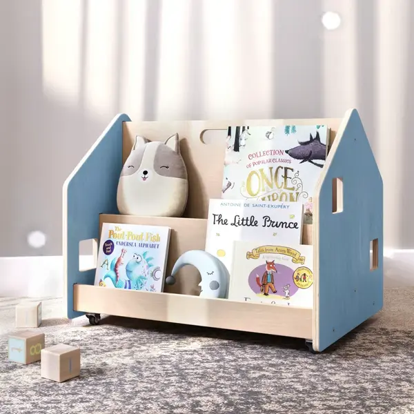 Obojstranná knihovnička na kolieskach – svetlomodrá