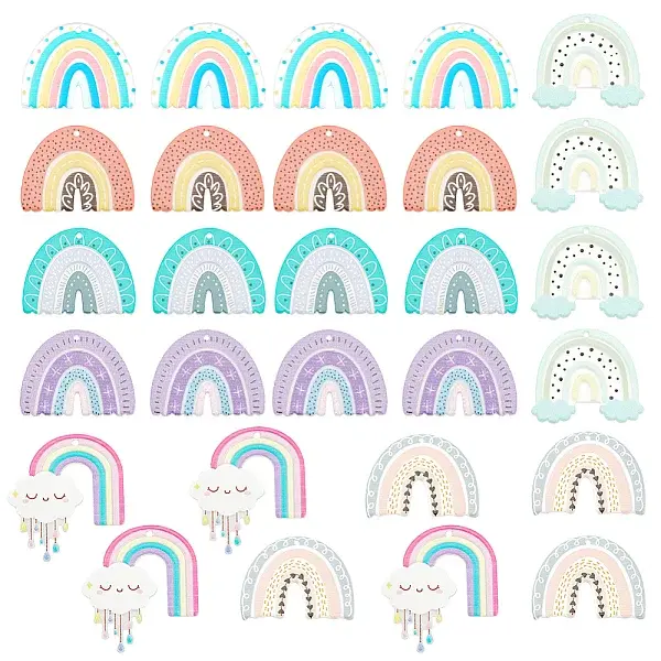 28Pcs 7 Styles Printed Transparent & Opaque Resin Pendants