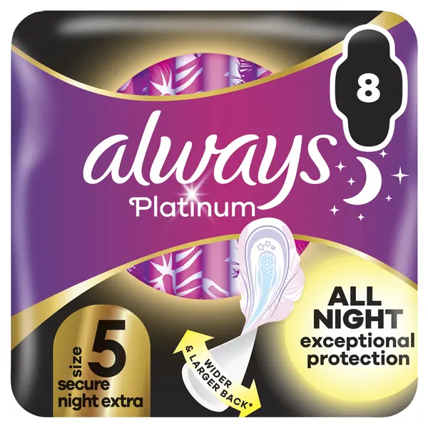 ALWAYS Platinum Secure Night Extra (velikost 5), vložky s křidélky 8 ks