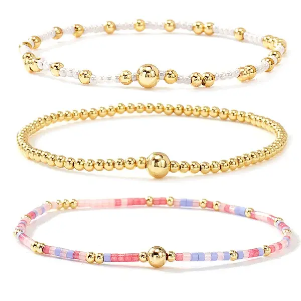 3Pcs 3 Styles Glass Seed Beads & Brass Beads Stretch Bracelets Set for Women
