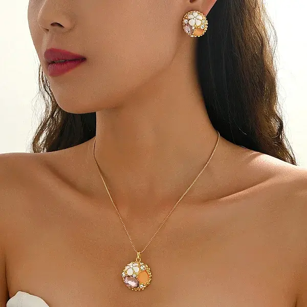 Flat Round with Flower Alloy & Plastic Stud Earrings & Pendant Necklaces Sets for Women