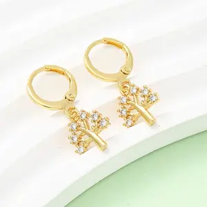 Brass Micro Pave Clear Cubic Zirconia Tree Hoop Earrings