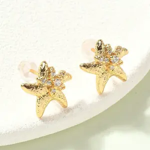 Starfish Brass Micro Pave Clear Cubic Zirconia Stud Earrings
