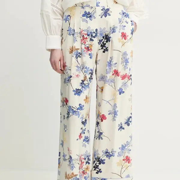 Kalhoty MUNTHE FAICUS dámské, béžová barva, široké, high waist, 251142525121