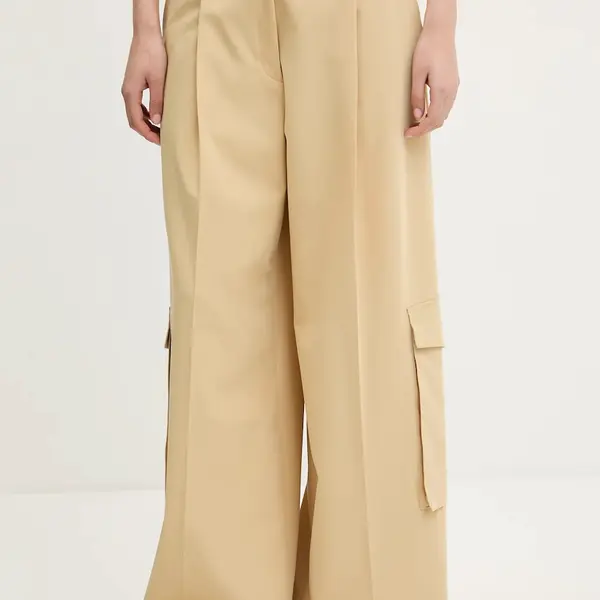 Kalhoty HUGO dámské, béžová barva, široké, high waist, 50538656