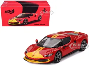 Ferrari 296 GTB Assetto Fiorano Rosso Corsa Red with Yellow Stripes 1/64 Diecast Model Car by BBR
