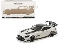 2021 Mercedes-Benz AMG GT Black Series White Metallic with Black Top and Hood Stripes 1/18 Diecast Model Car by Minichamps