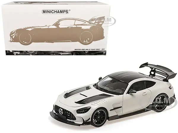 2021 Mercedes-Benz AMG GT Black Series White Metallic with Black Top and Hood Stripes 1/18 Diecast Model Car by Minichamps
