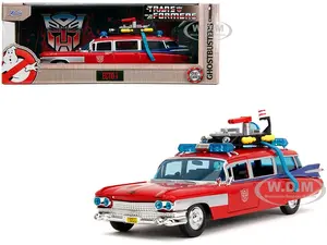 1959 Cadillac Ambulance Ecto-1 Red "Transformers" TV Series - "Ghostbusters" (1984) Movie Crossover "Hollywood Rides" Series 1/24 Diecast Model Car b