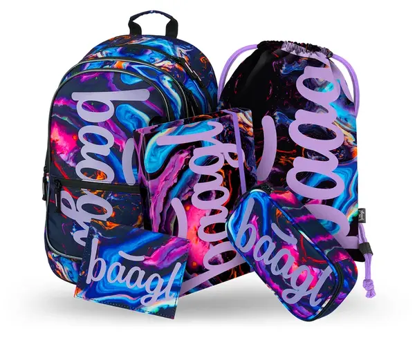 Baagl 5 SET Core Marble: batoh, penál, sáček, desky, peněženka