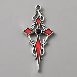 Jet Rhinestone Cross Pendant with Red Enamel