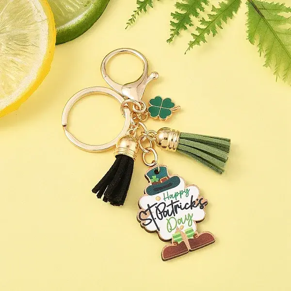 St. Patrick's Day Alloy Enamel & Faux Suede Tassel & Wood Keychains