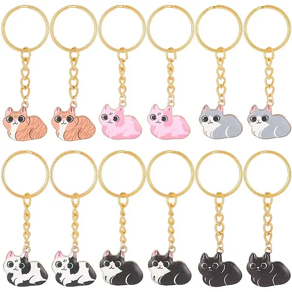 12Pcs 6 Styles Cat Alloy Enamel Keychain