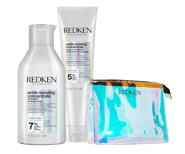 Sada pro poškozené vlasy Redken Acidic Bonding Concentrate - šampon + termoochrana + taštička zdarma + dárek zdarma
