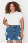 Trendyol Curve Dark Blue High Waist Destroyed Denim Shorts &amp; Bermuda