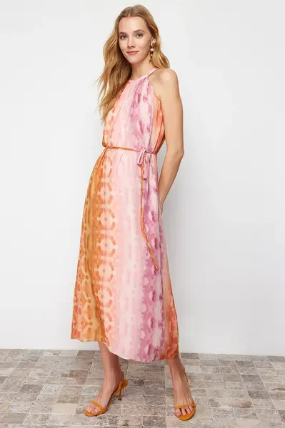 Trendyol Pink Abstract Pattern Straight Cut Chiffon Lined Maxi Woven Dress