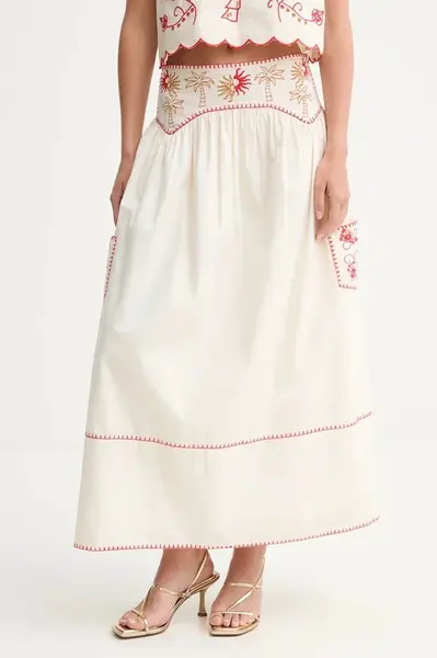 Bavlněná sukně Never Fully Dressed béžová barva, midi, áčková, NFDSK650