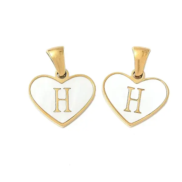 304 Stainless Steel Pave Natural White Shell Heart with Initial Slice Pendants