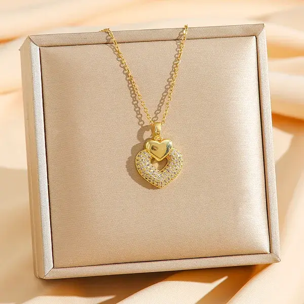 Brass Micro Pave Clear Cubic Zirconia Heart Pendant Necklaces