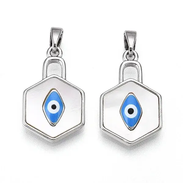 Brass Pave Natural Shell Hexagon Pendants