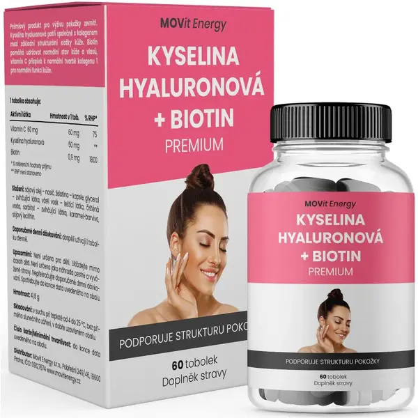 Movit Energy Kyselina hyaluronová + Biotin PREMIUM tobolky pro udržení normálního stavu pokožky a zdravé vlasy 60 cps