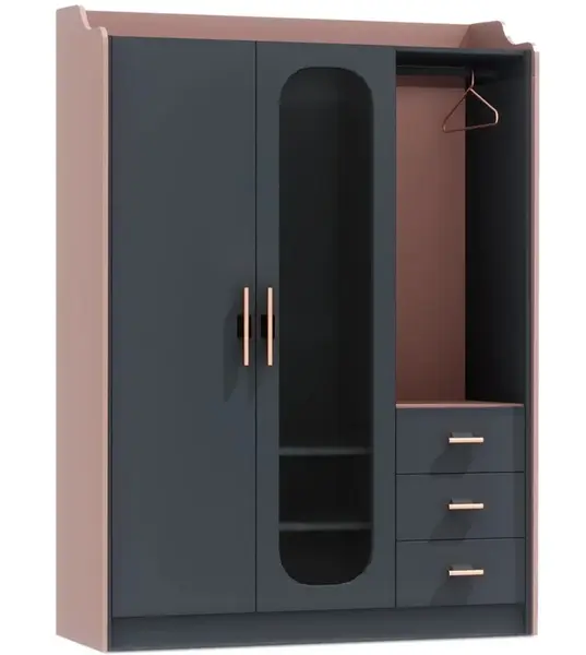 Třídveřová šatní skříň s osvětlením khalisa - růžová, černá