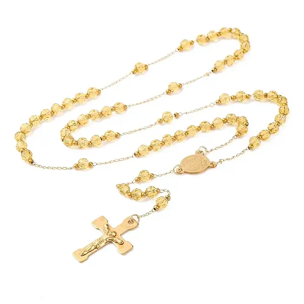 Ion Plating(IP) Crucifix Cross 304 Stainless Steel Rosary Bead Necklaces