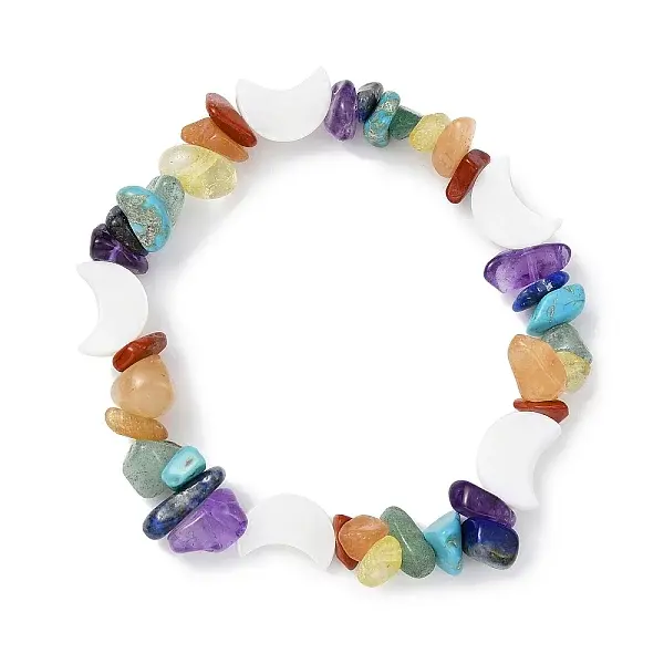 Natural & Synthetic Mixed Gemstone Chips & Shell Beaded Stretch Bracelet