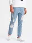 Ombre Men's TAPERED FIT denim pants with holes - light blue