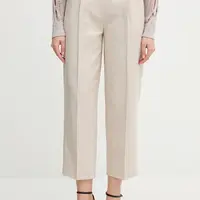 Kalhoty s příměsí lnu Tommy Hilfiger dámské, béžová barva, high waist, WW0WW45461