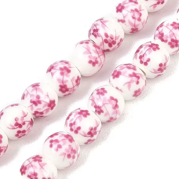Handmade Flower Printed Porcelain Ceramic Beads Strands