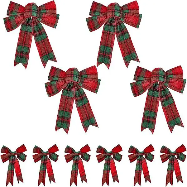10Pcs 2 Style Christmas Theme Tartan Pattern Polyester Bowknot