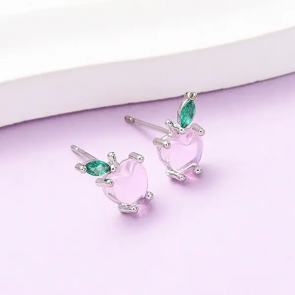 Brass Micro Pave Cubic Zirconia Apple Stud Earrings