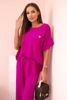 Kesi Włoski Dámsky komplet z viskózy s ozdobným kvetom a širokými nohavicami - fuksia svetlofialová