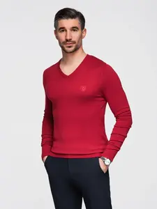Ombre Men's elegant V-neck BASIC sweater with viscose - red