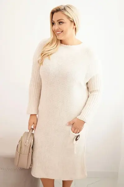 Kesi Włoski Dámská pletená svetrková šaty Plus Size s mohairovým oversized s kapsou béžová