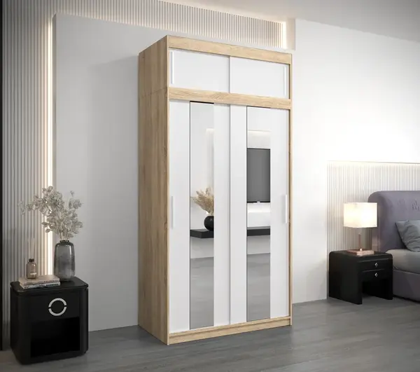 Šatní skříň Abi Po s nástavcem Barva korpusu: Bílá, Rozměry: 150 cm, Dveře: Dub artisan