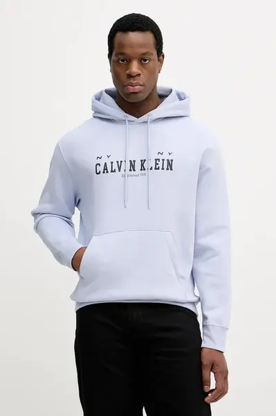 Mikina Calvin Klein Jeans pánská, modrá barva, s kapucí, s potiskem, LV04RE251G