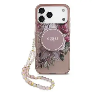 Zadní kryt Guess IML Flowers Strap MagSafe pro Apple iPhone 17 Pro, růžová