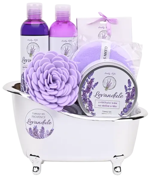 VIVACO Dárkové balení levandule premium - sprchový gel a šampon + sůl do koupele + tělové mléko + zvláčňující krém+ 2x dárek