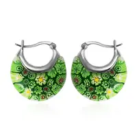 Flat Round 304 Stainless Steel Millefiori Glass Hoop Earrings