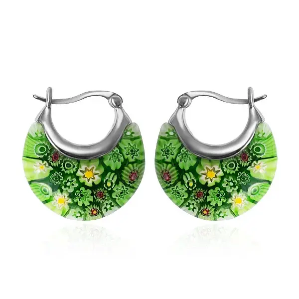 Flat Round 304 Stainless Steel Millefiori Glass Hoop Earrings