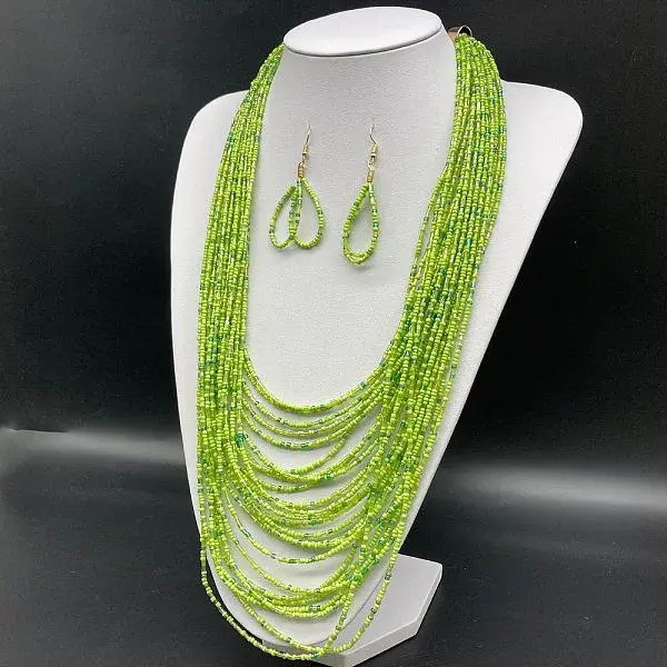 Ethnic Style Acrylic Seed Beaded Multilayer Necklaces & Teardrop Dangle Earrings Sets