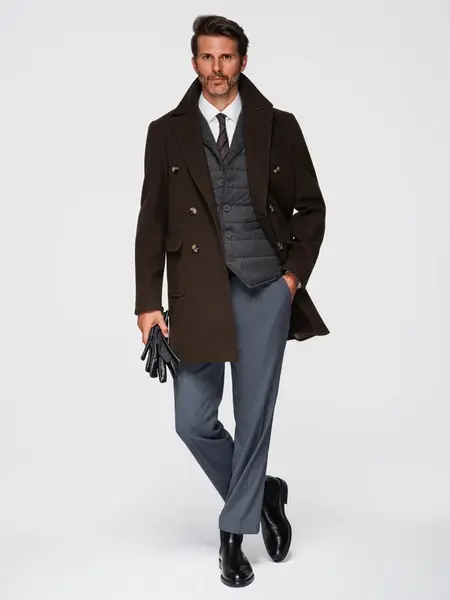 Ombre Men's double-breasted coat with decorative buttons - dark brown