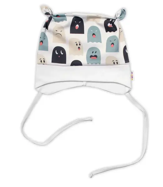 Baby Nellys Kojenecká čepička uzlíček na zavazování - Příšerky, bílá/mátová vel.  68/74