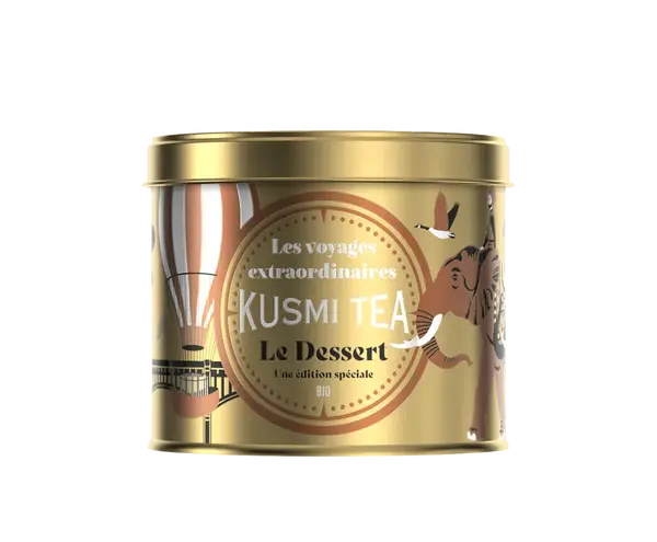 KUSMI TEA Sypaný Vánoční zelený čaj Le Dessert Bio, kovová dóza, 90 g