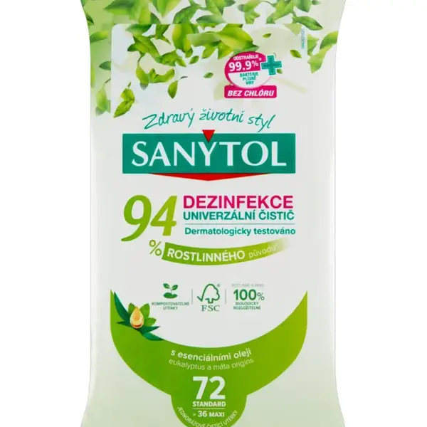 Sanytol Dezinfekční utěrky 94 % rostlinného původu 72 ks